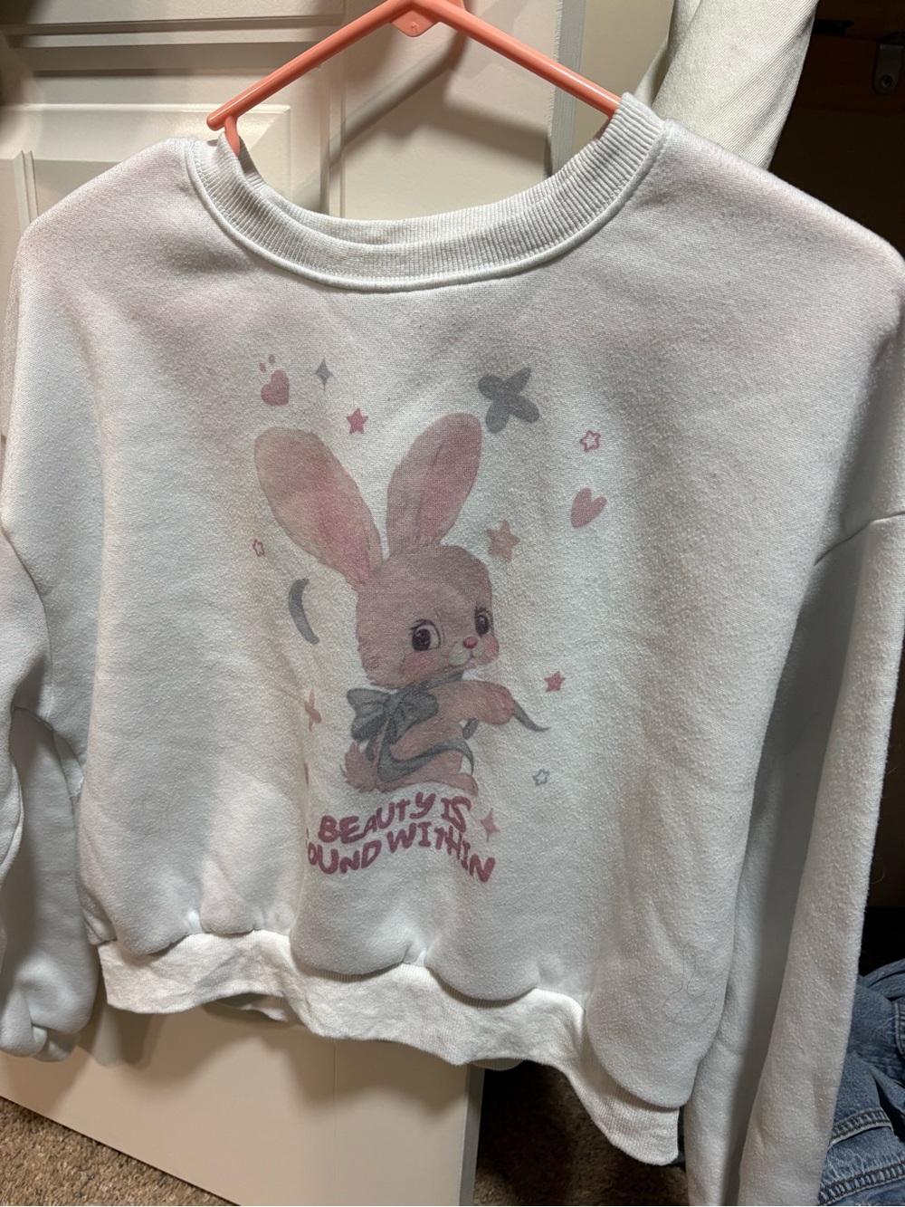White Crewneck Sweatshirt with Pink Bunny Graphic